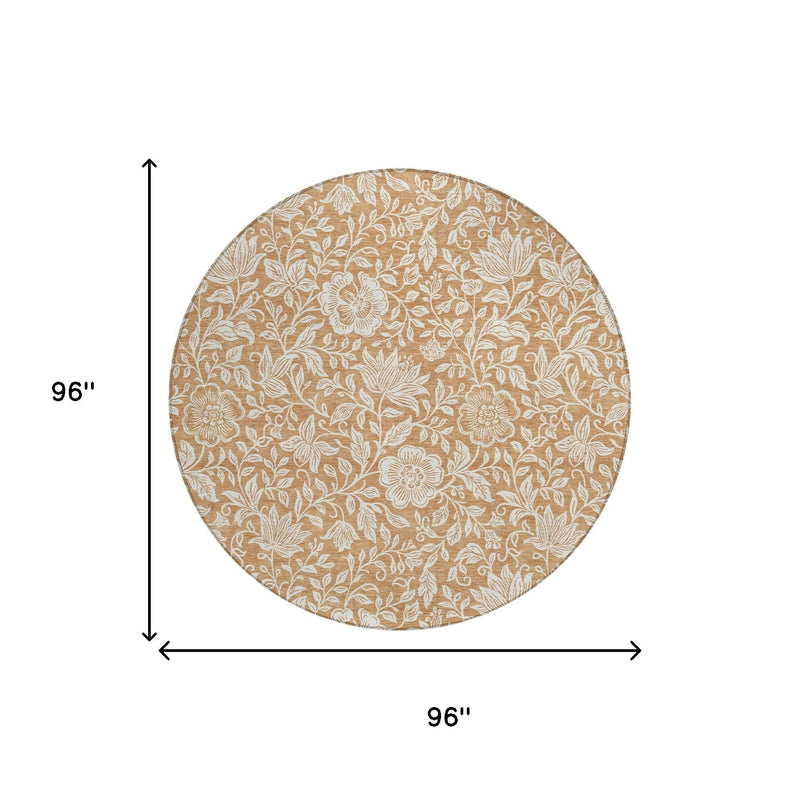 96-inch round area rug diagram, copper-brown with ivory floral pattern