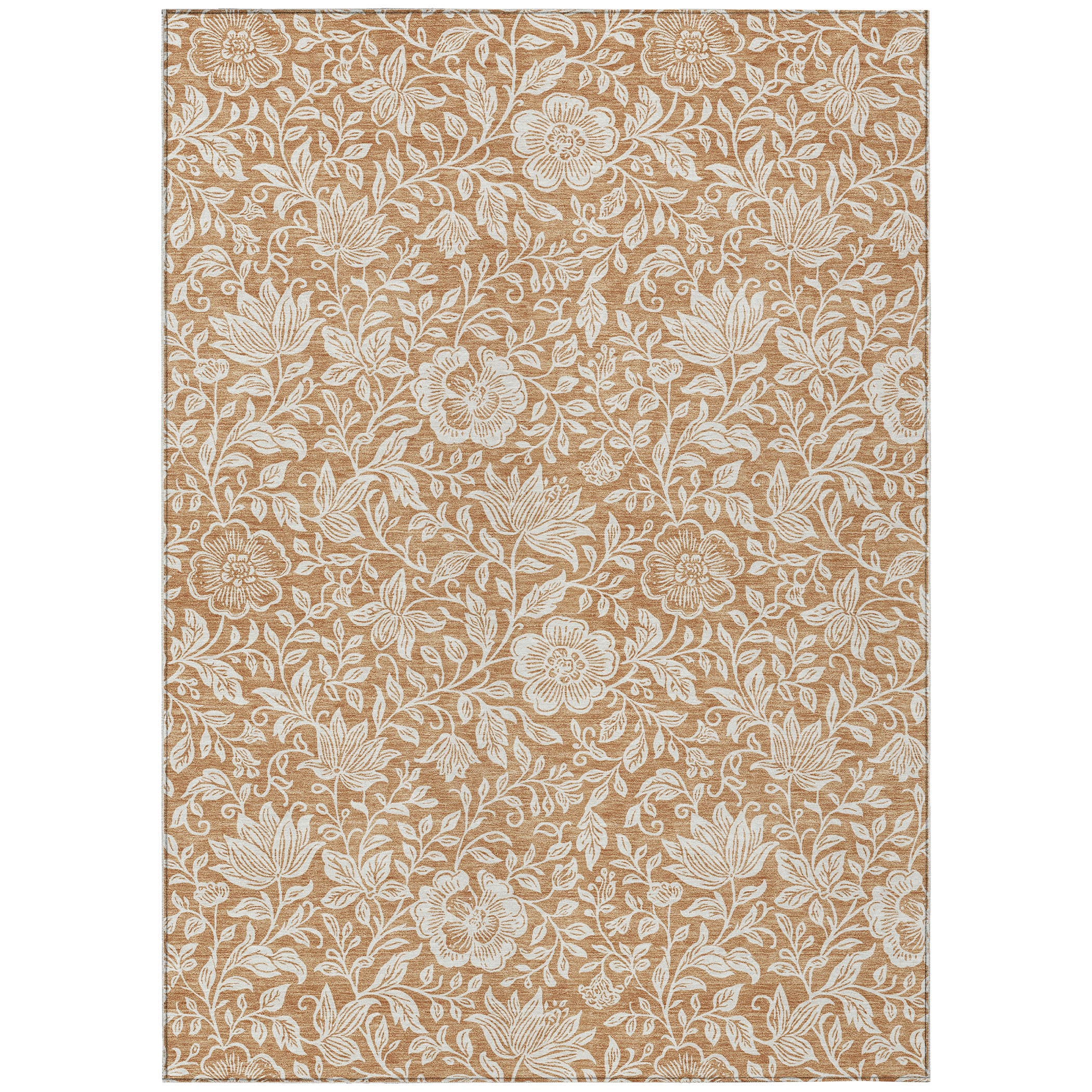 Copper and ivory floral area rug, rectangular flat layout with full leaf and flower print