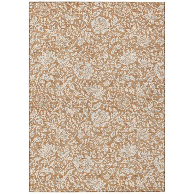 Copper and ivory floral area rug, rectangular flat layout with full leaf and flower print