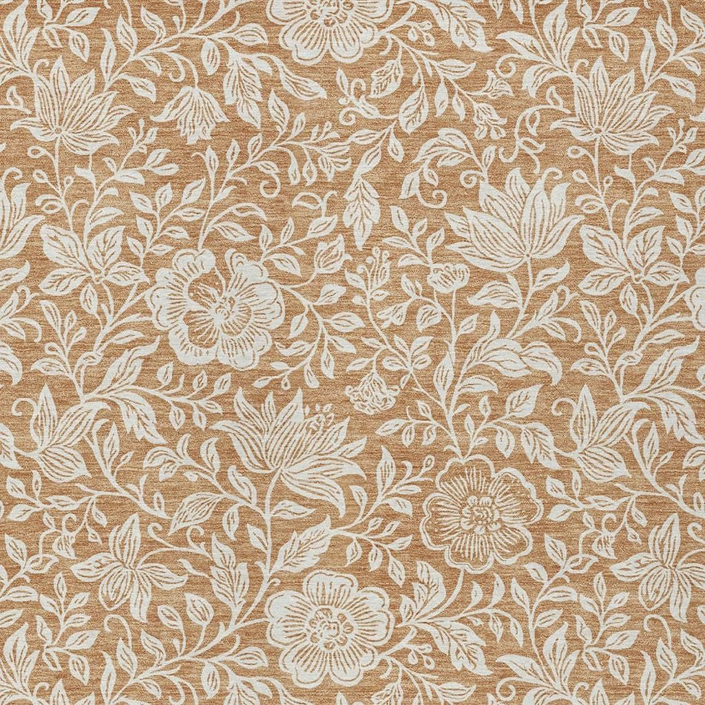 Copper and ivory floral area rug with ivory vine leaves and blossoms across the surface