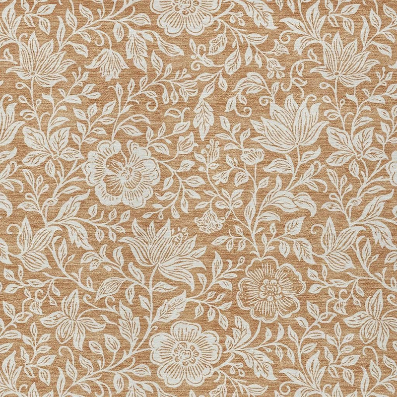 Copper and ivory floral area rug with ivory vine leaves and blossoms across the surface