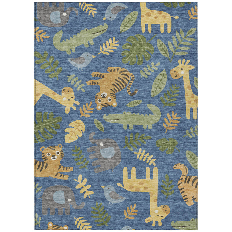 Abstract area rug full view with blue background and multi-color animal silhouettes on woven texture.