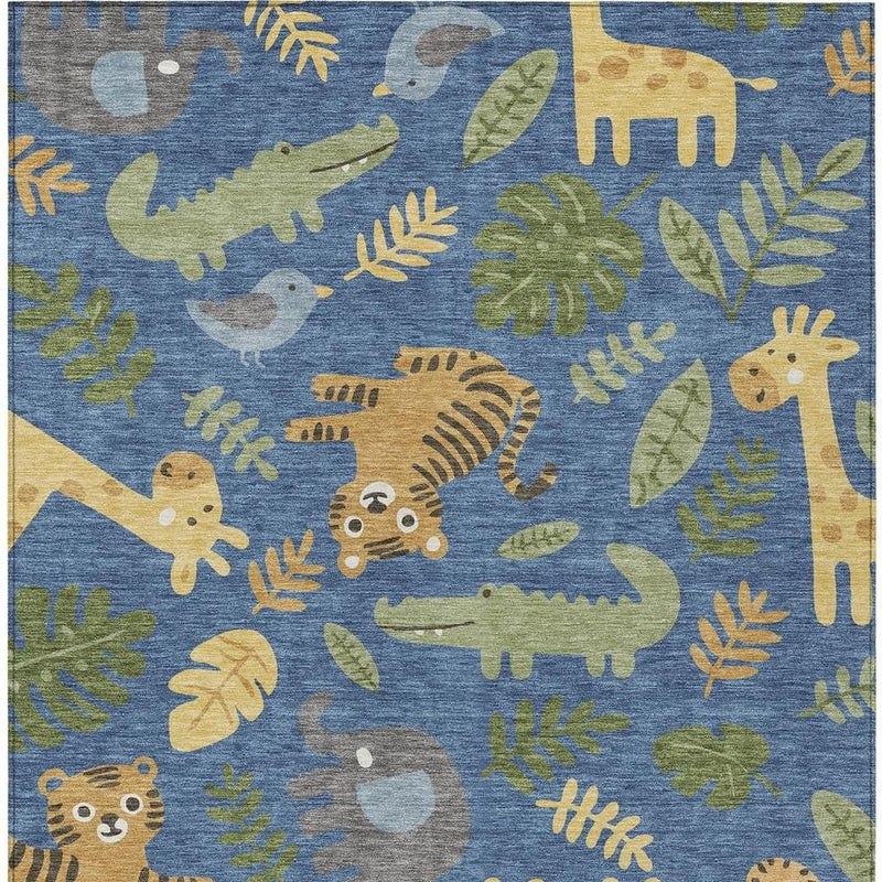 Abstract area rug pattern with blue background and scattered animal silhouettes in beige and green.