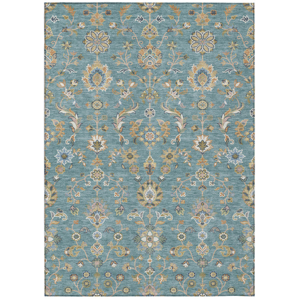 Teal blue abstract area rug with taupe and cream floral medallion pattern