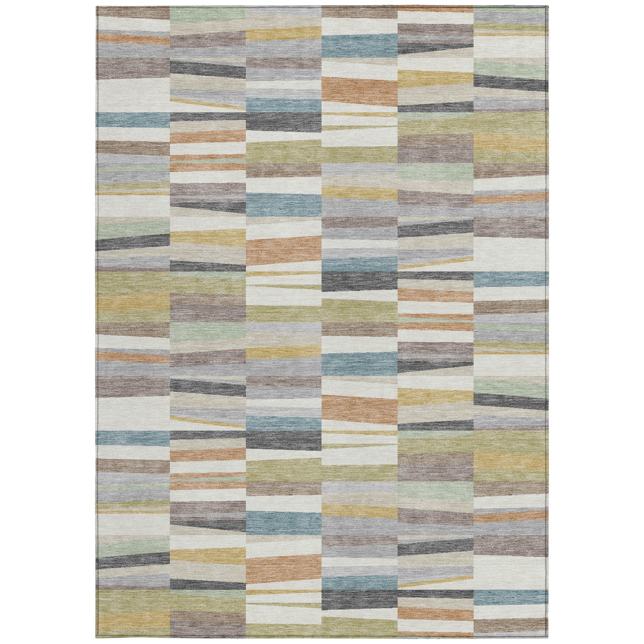 Rectangle multicolor patchwork area rug with cream, teal, brown, gray, and green blocks