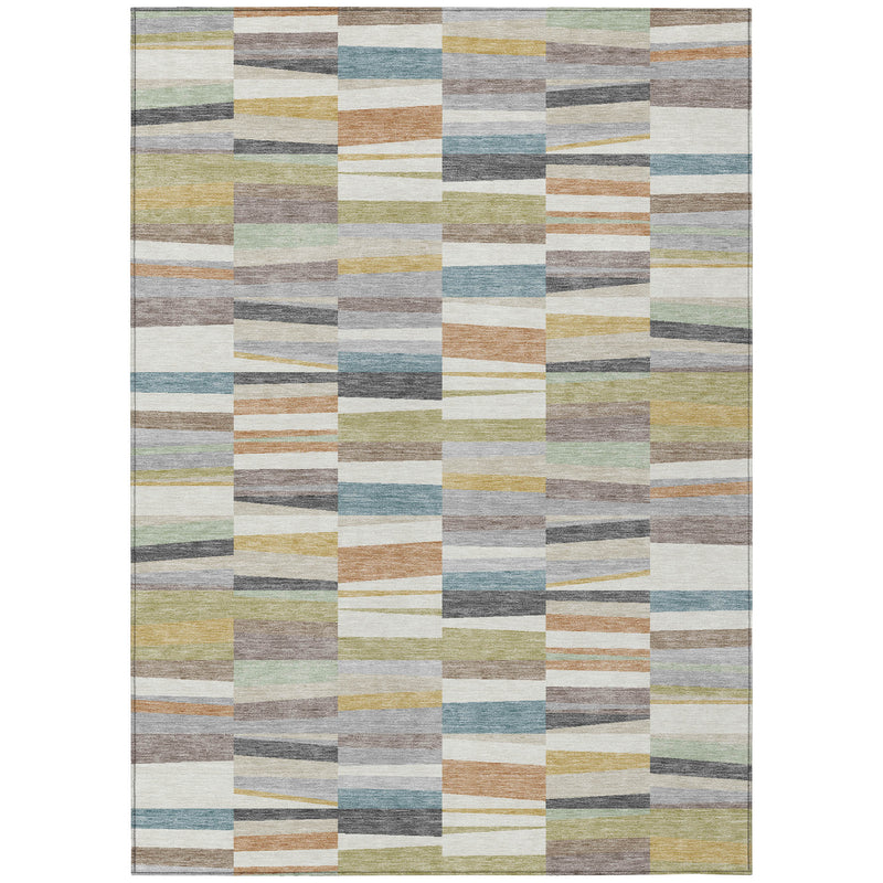 Full view of multicolor striped patchwork area rug with cream, teal, and assorted muted blocks