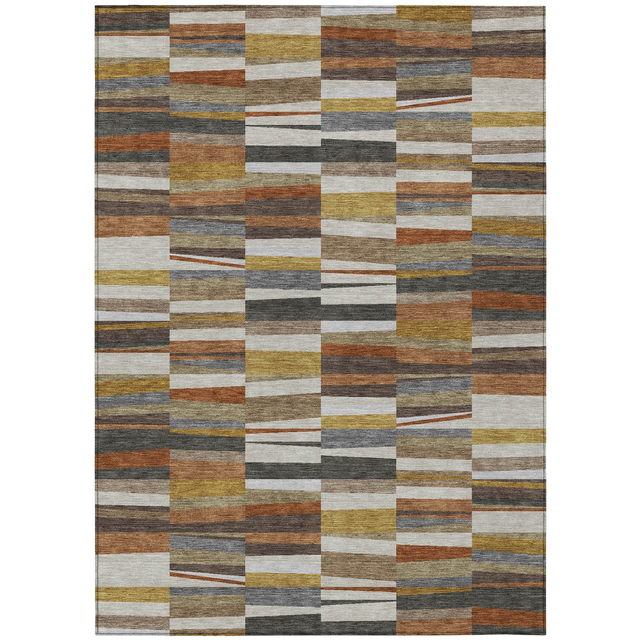 8x10 area rug with coffee, ivory, and gray patchwork stripe blocks