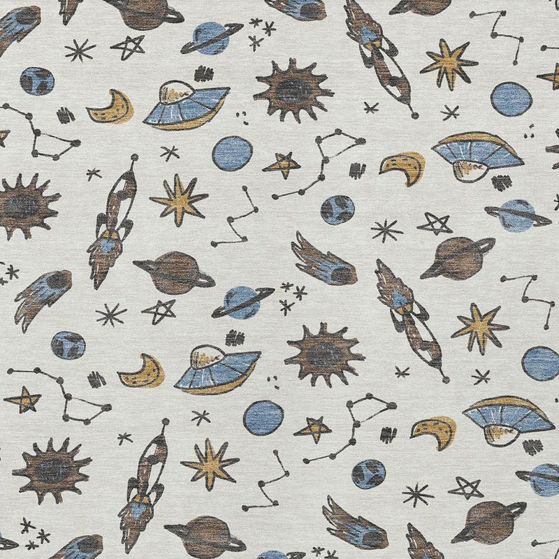 Ivory animal-print rug with blue and gold planets, moons, suns, and constellations
