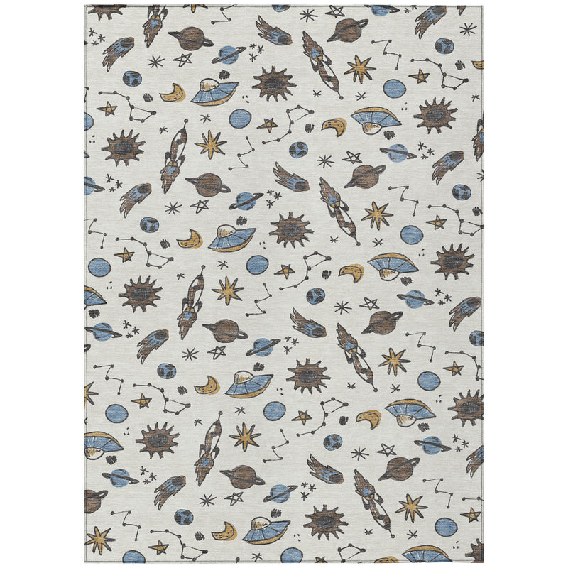 Ivory animal-print washable area rug, rectangular design with gold and blue space icons