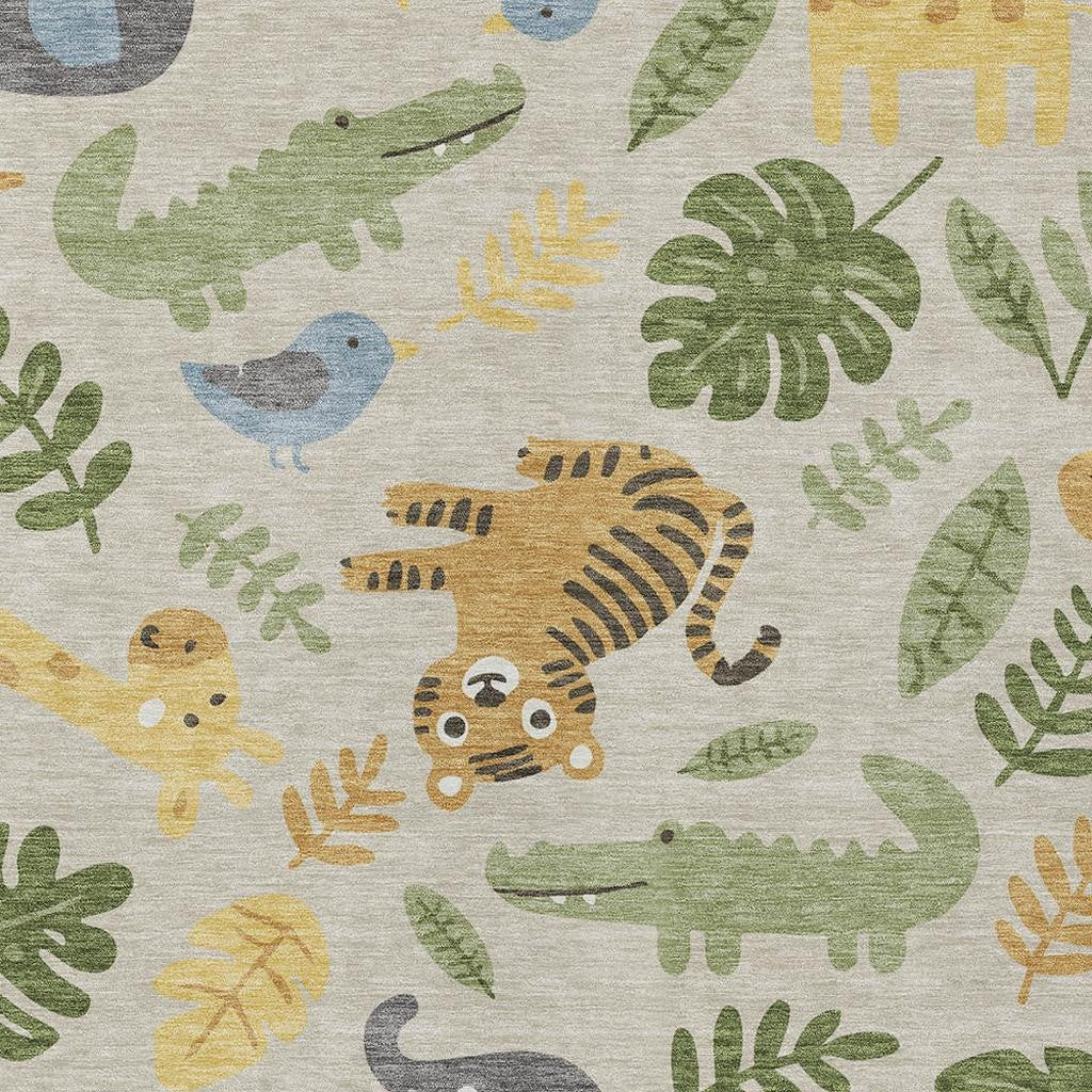 Beige indoor outdoor area rug with multicolor jungle animals and foliage abstract print