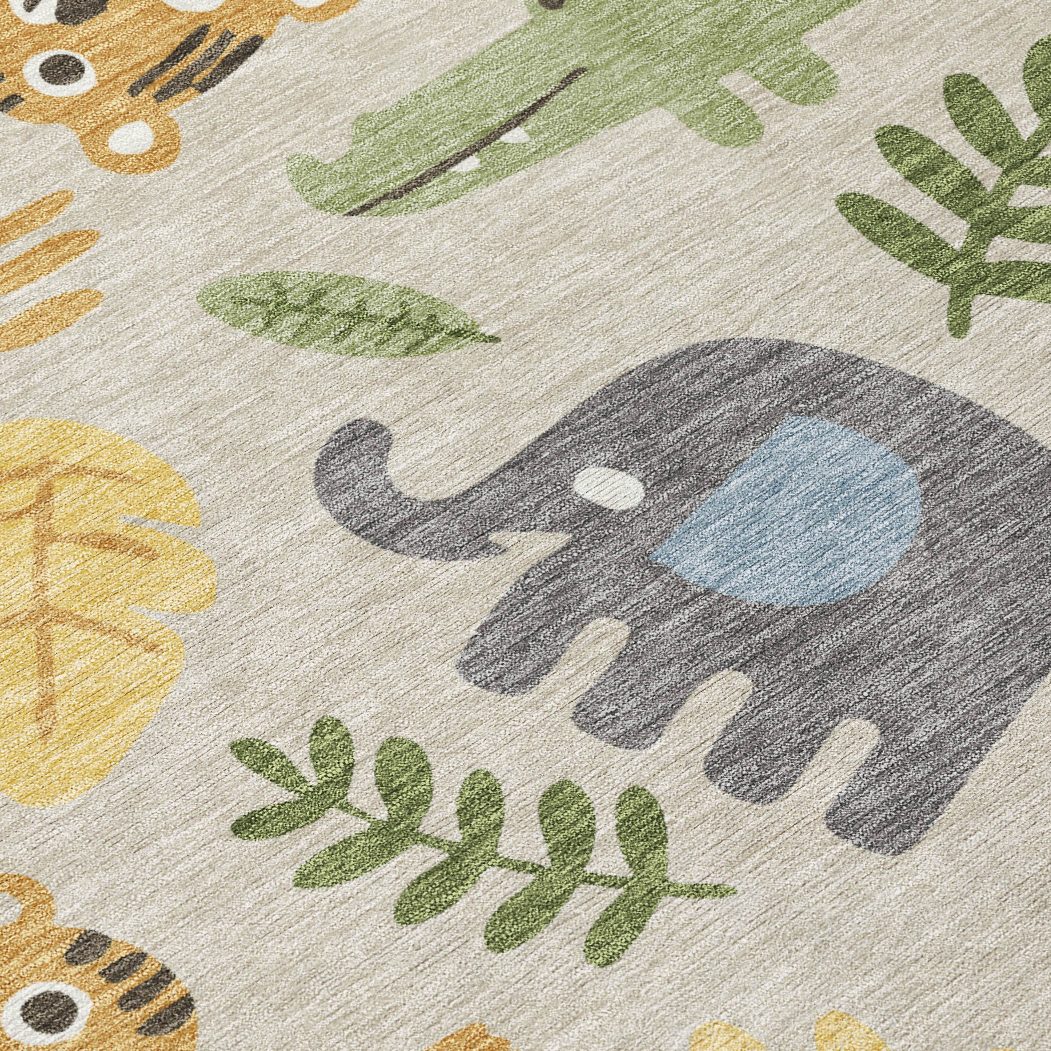 Beige area rug corner detail with large elephant, tiger, and foliage illustrations in colors