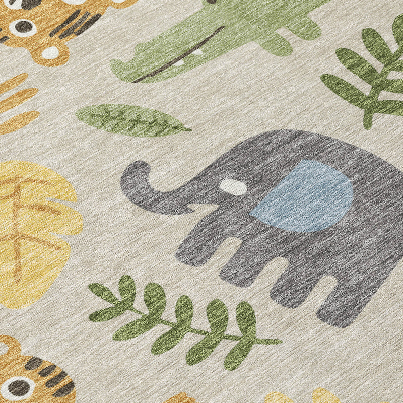 Beige area rug corner detail with large elephant, tiger, and foliage illustrations in colors