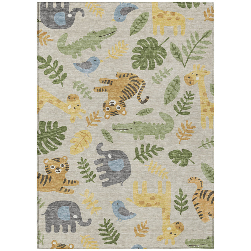 Beige abstract animal area rug with green, yellow, blue, and gray jungle motifs