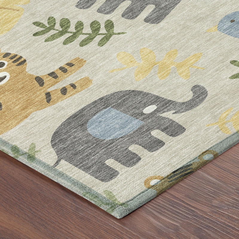 Beige jungle animal area rug with multicolor pattern and visible folded edge on wood floor
