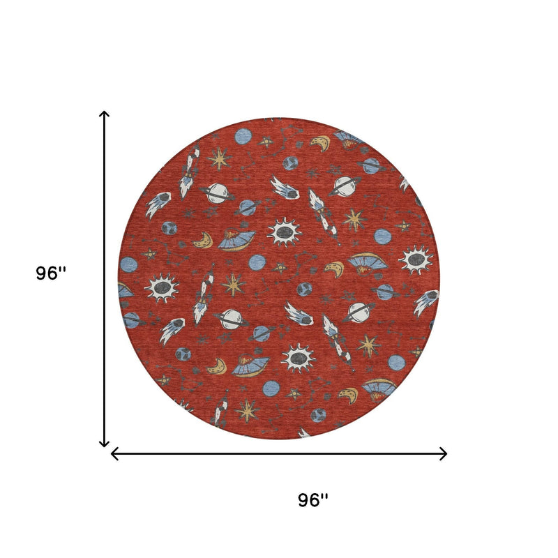 Red round area rug with space-themed pattern; shows 96-inch height and width