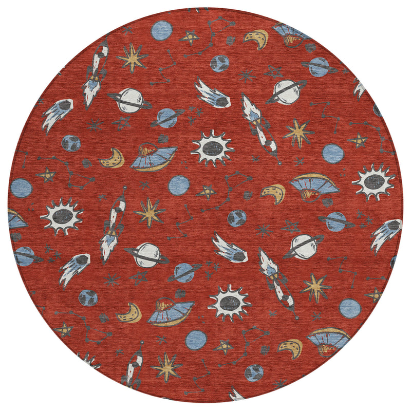 Red round area rug with playful space-themed animal print in blue and ivory