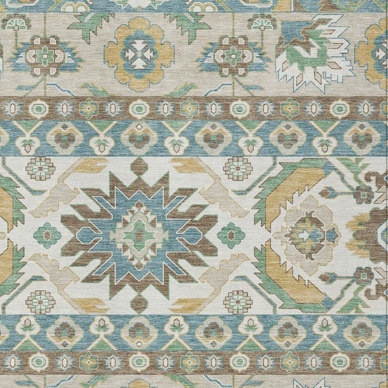 Blue, ivory and green geometric rug with medallions, borders and small accents