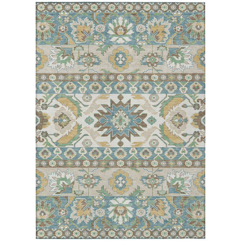 Teal, ivory and green ornate area rug with central medallion and repeating borders