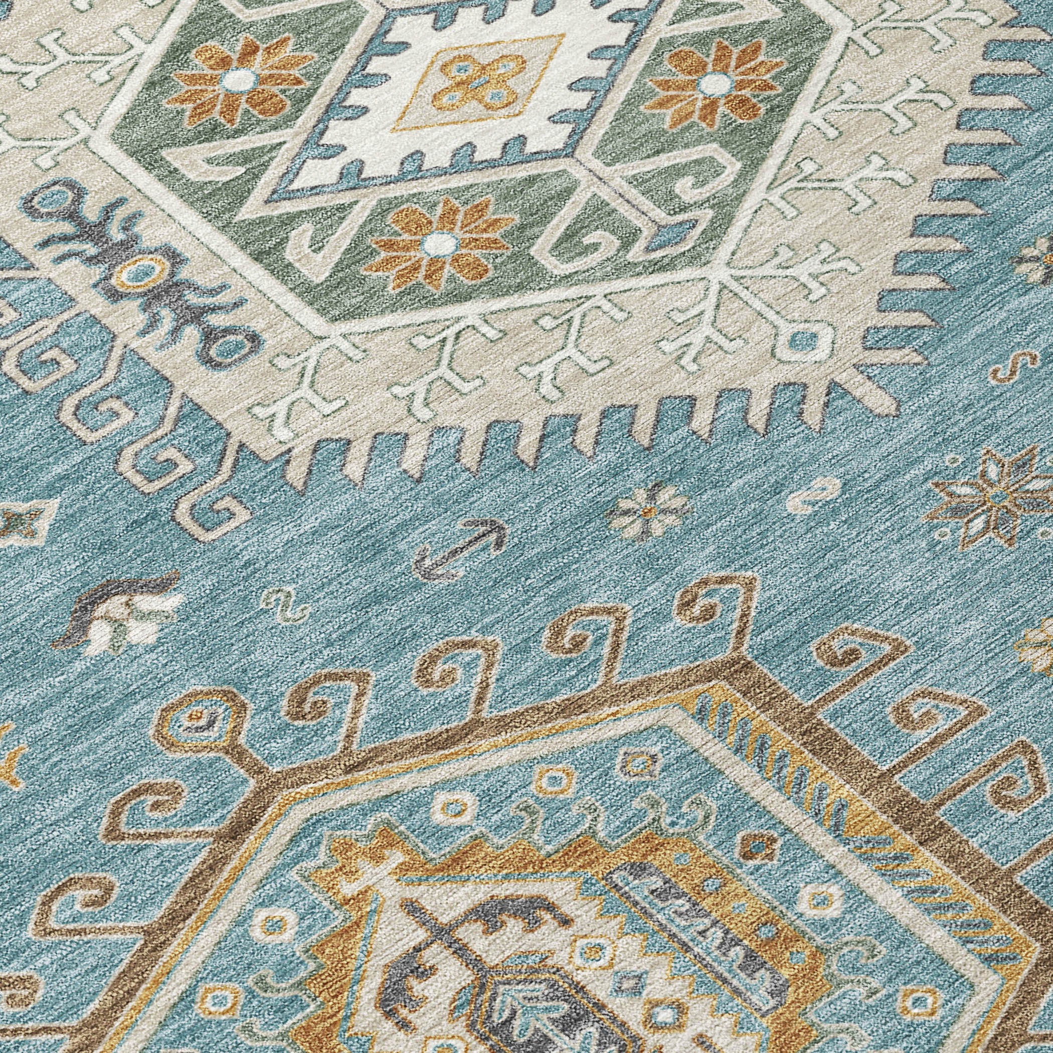 Round rug close-up with teal blue background and multicolor tribal geometric motifs