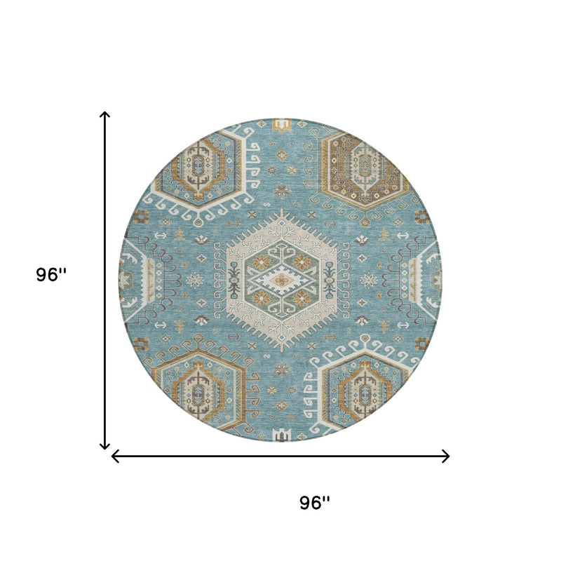 Round rug size diagram showing 96 in diameter; teal blue and ivory tribal pattern