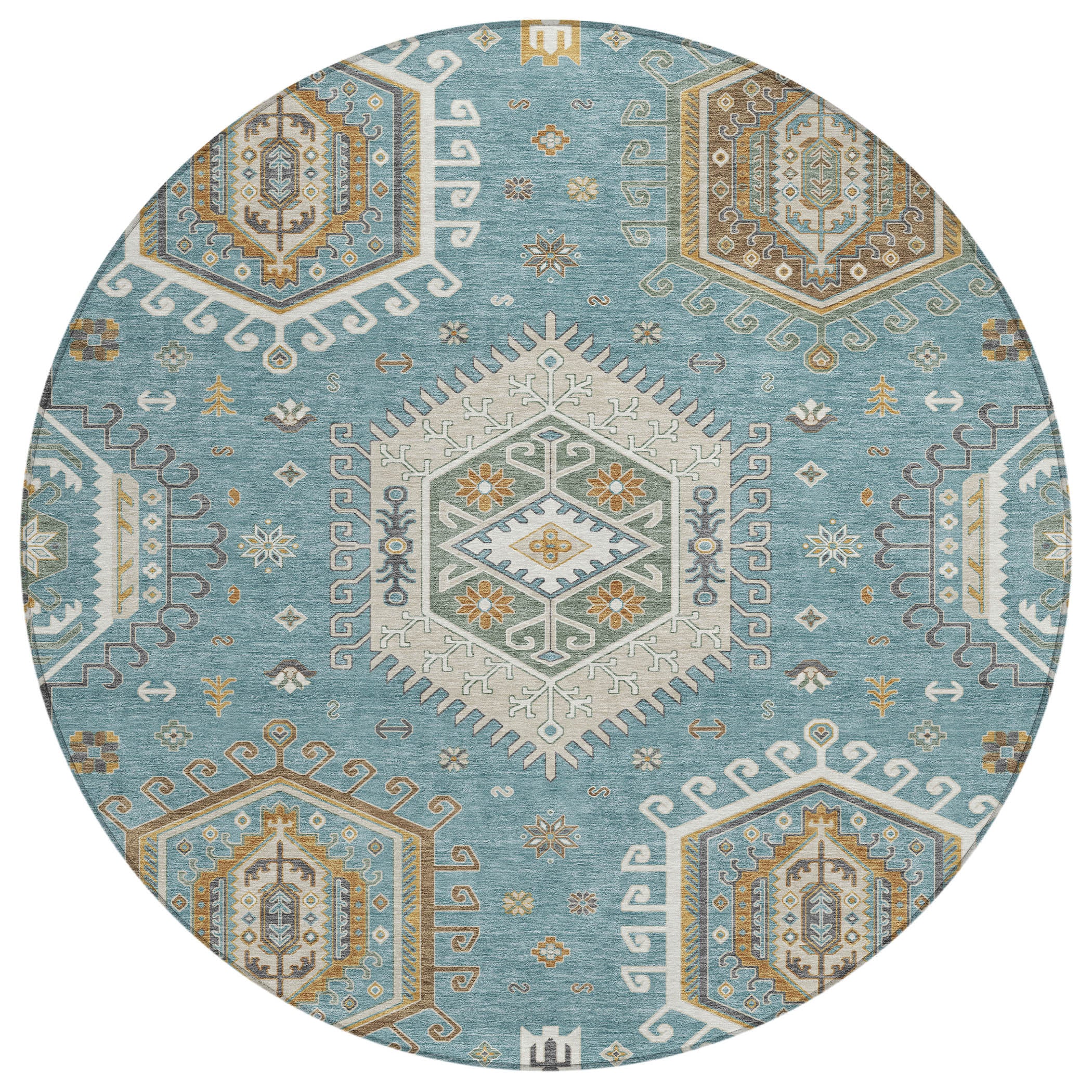 Round area rug with teal blue field, ivory border, and central tribal medallion