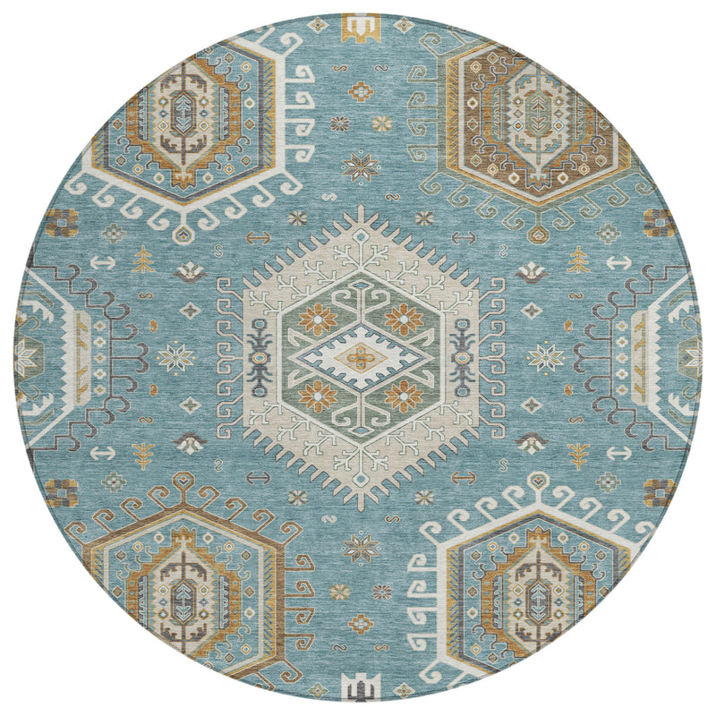 Round area rug with teal blue field, ivory border, and central tribal medallion