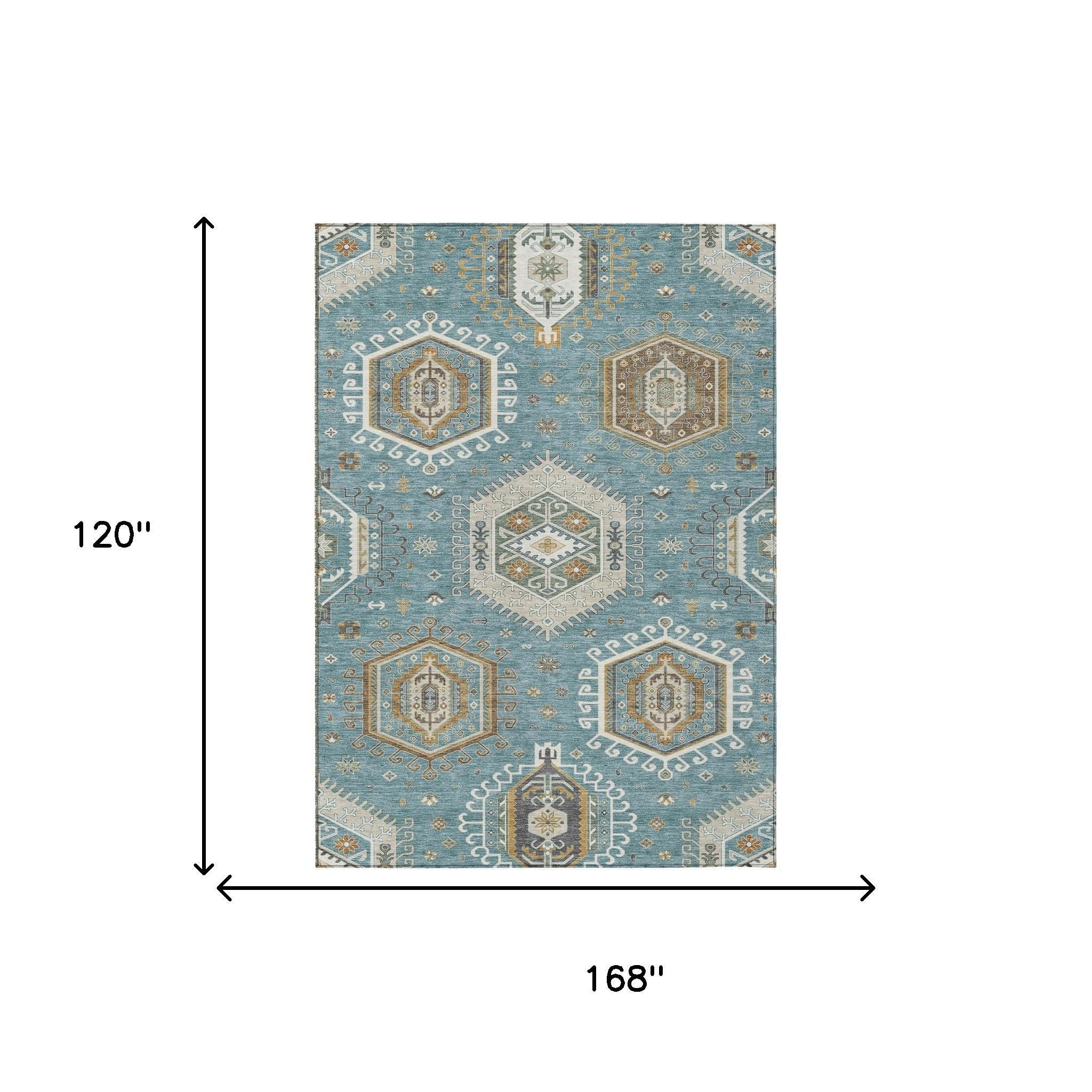 10' X 14' Teal Blue And Ivory Tribal Washable Indoor Outdoor Area Rug - Sports & Outdoor