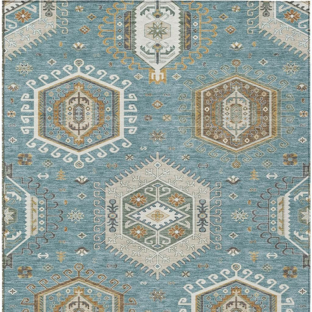 10' X 14' Teal Blue And Ivory Tribal Washable Indoor Outdoor Area Rug - Sports & Outdoor
