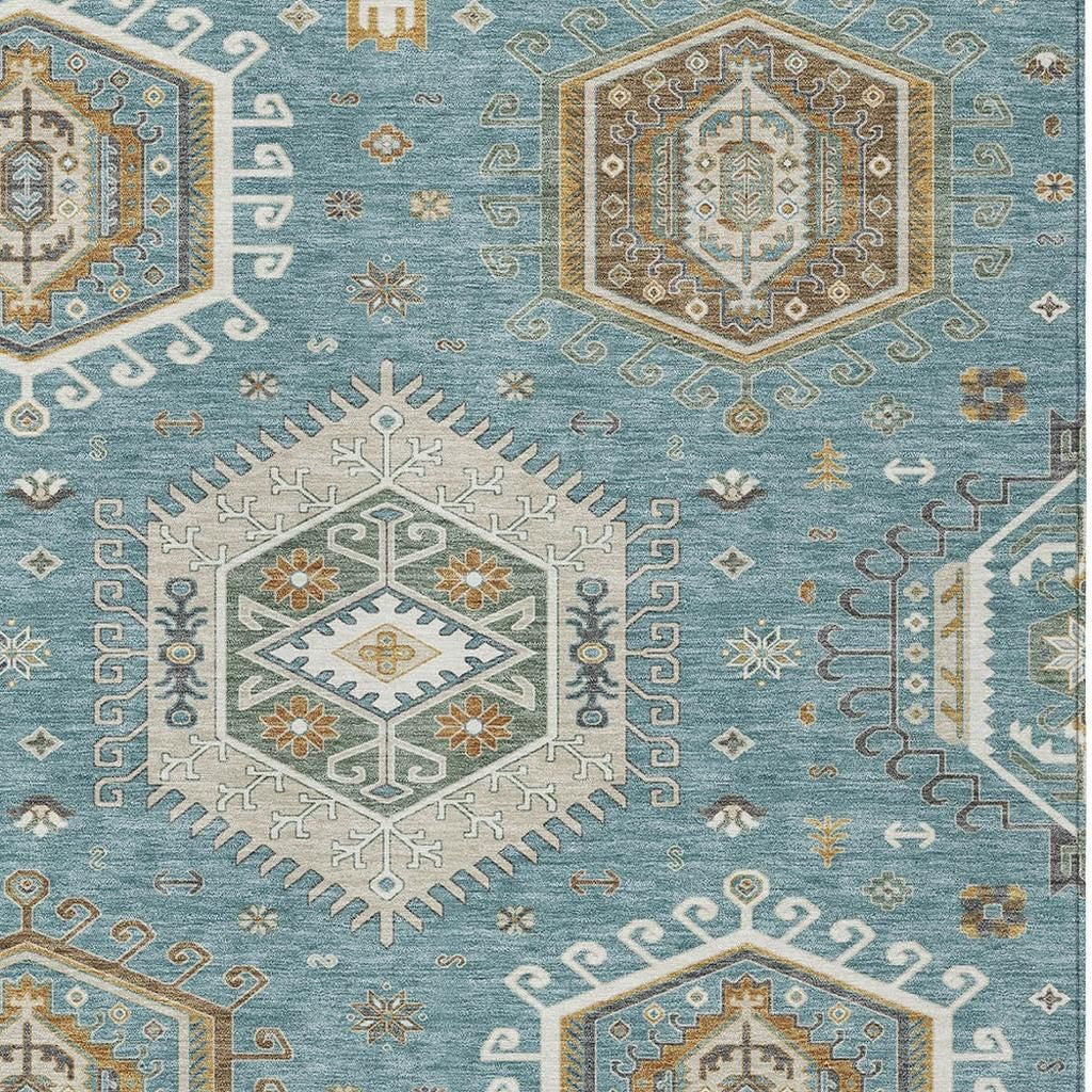 10' X 14' Teal Blue And Ivory Tribal Washable Indoor Outdoor Area Rug - Sports & Outdoor
