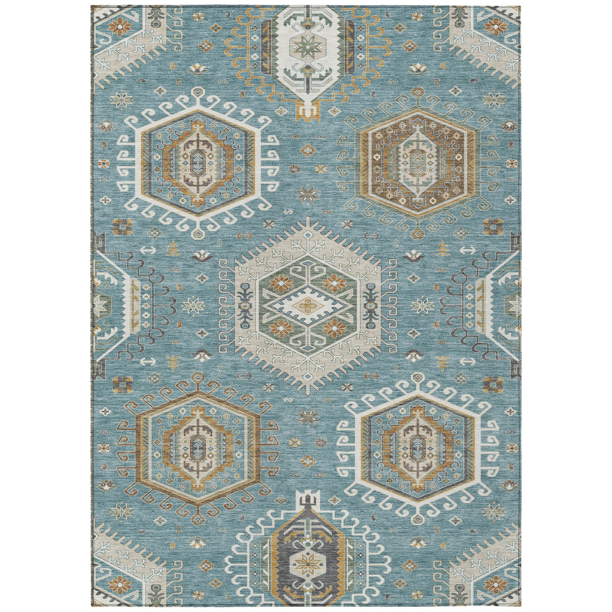 10' X 14' Teal Blue And Ivory Tribal Washable Indoor Outdoor Area Rug - Sports & Outdoor