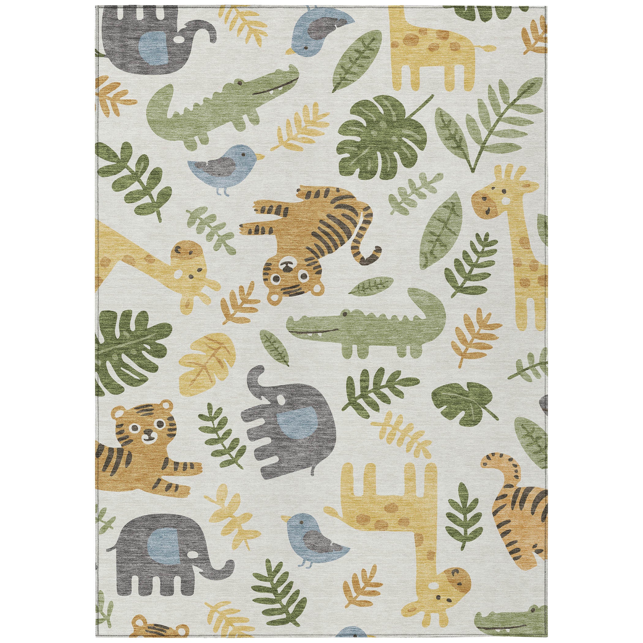 Ivory abstract area rug with playful animal silhouettes in green, gray, beige, and blue