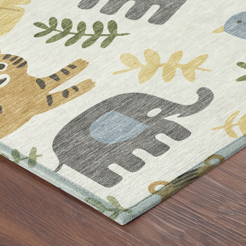Ivory abstract area rug with gray, green, beige animal icons; corner with border