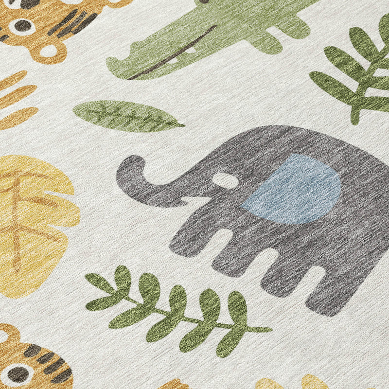 Ivory abstract area rug with gray, blue, green, and beige animal shapes
