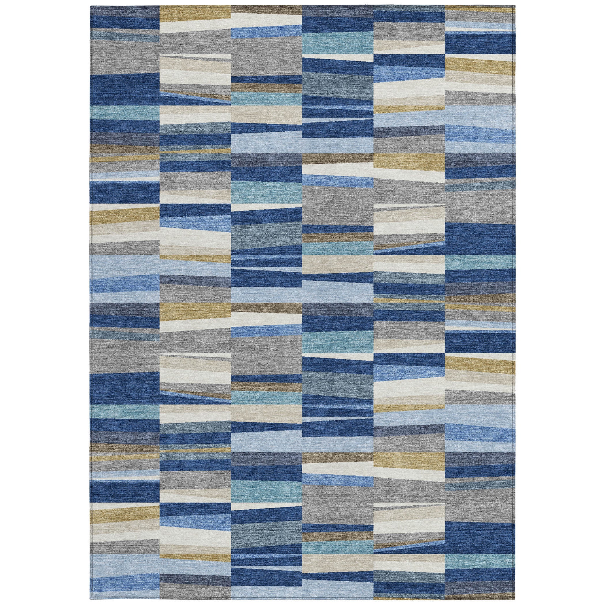 Blue and gray patchwork area rug with striped block pattern and cream accent squares