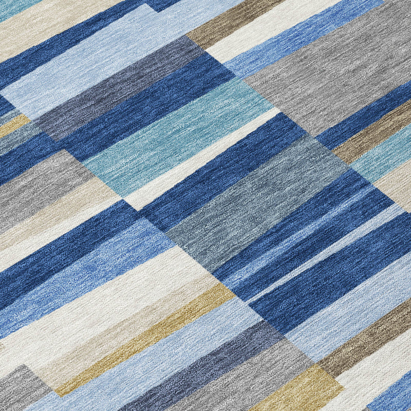 Diagonal view area rug with blue-gray striped square blocks and light beige stripe accents