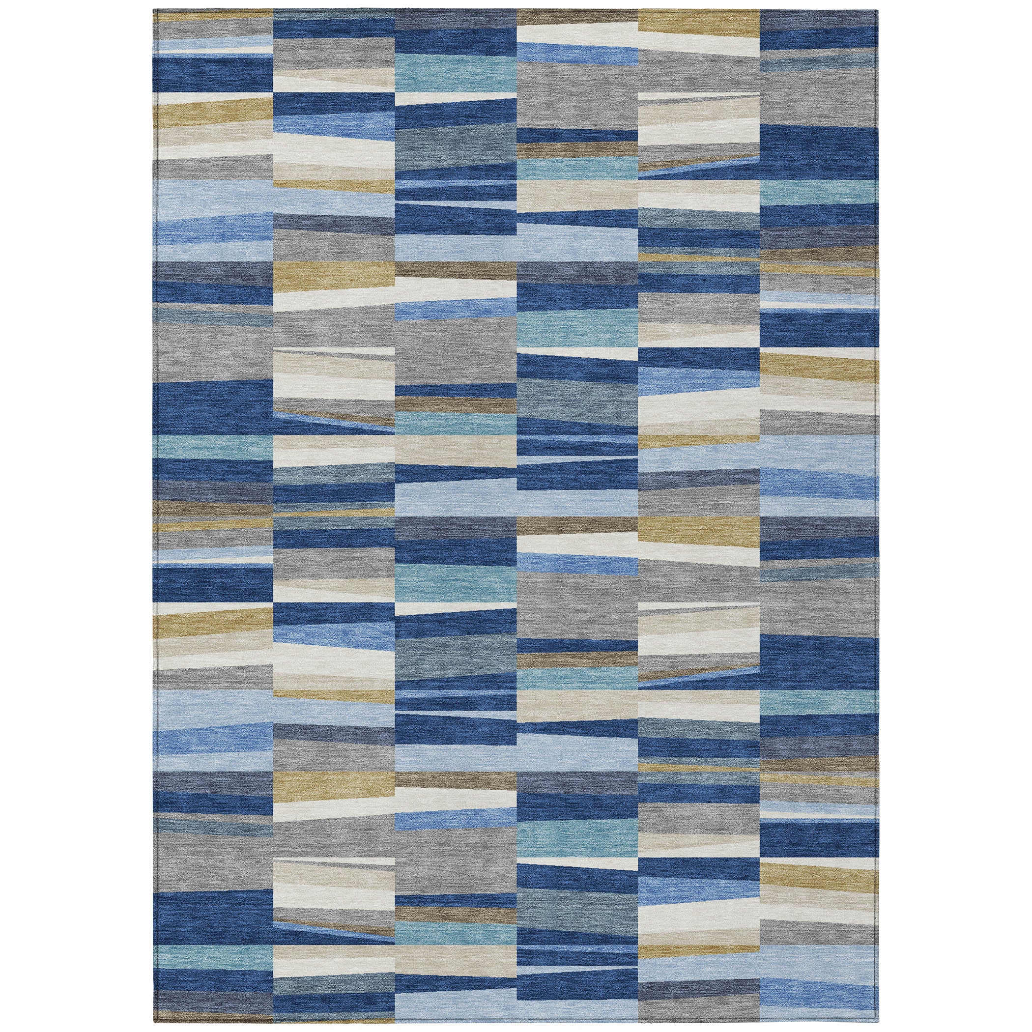 Navy and denim blue striped patchwork area rug with gray and cream square block pattern