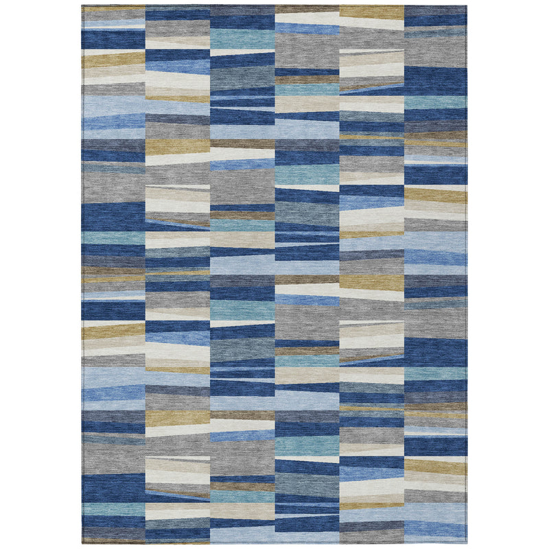 Navy and denim blue striped patchwork area rug with gray and cream square block pattern