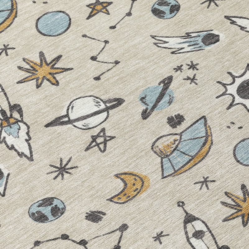 Beige area rug detail with blue planet moons, stars, and small rocket icons in gray.