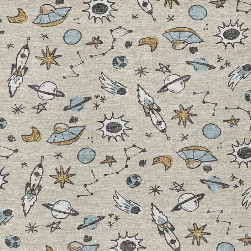 Beige space-themed area rug with blue, gray, and yellow planet, star, and rocket pattern.