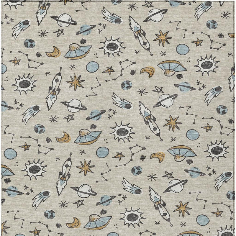Beige space-themed area rug with repeating blue and gray celestial icons and yellow accents.