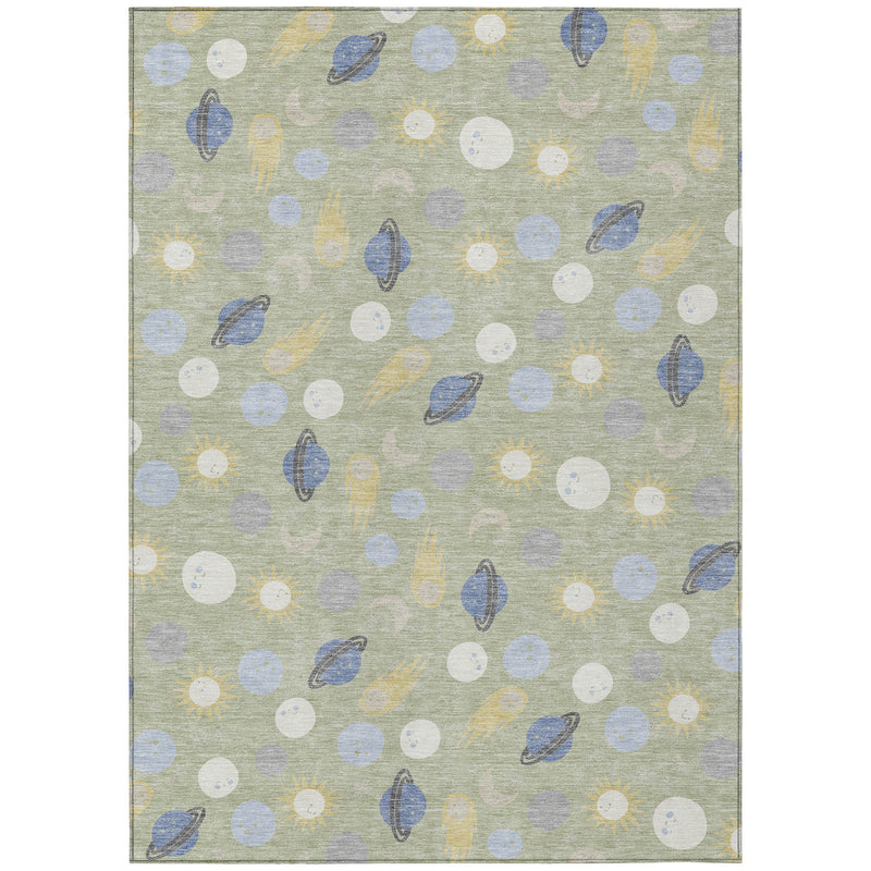 Light green area rug with dot-and-leaf geometric pattern and thin gray border