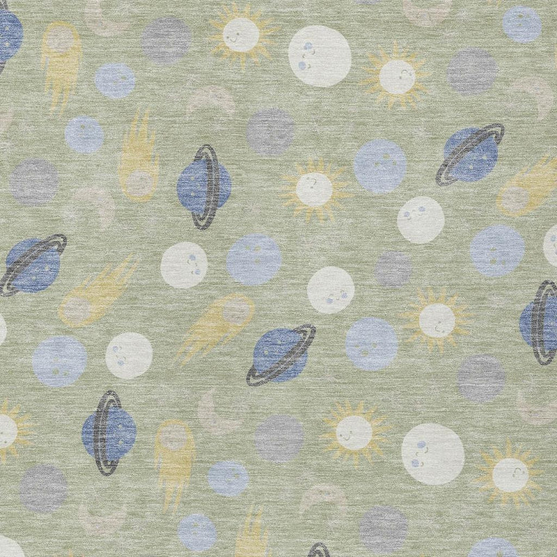 Light green area rug with scattered white, gray, blue and yellow geometric dots