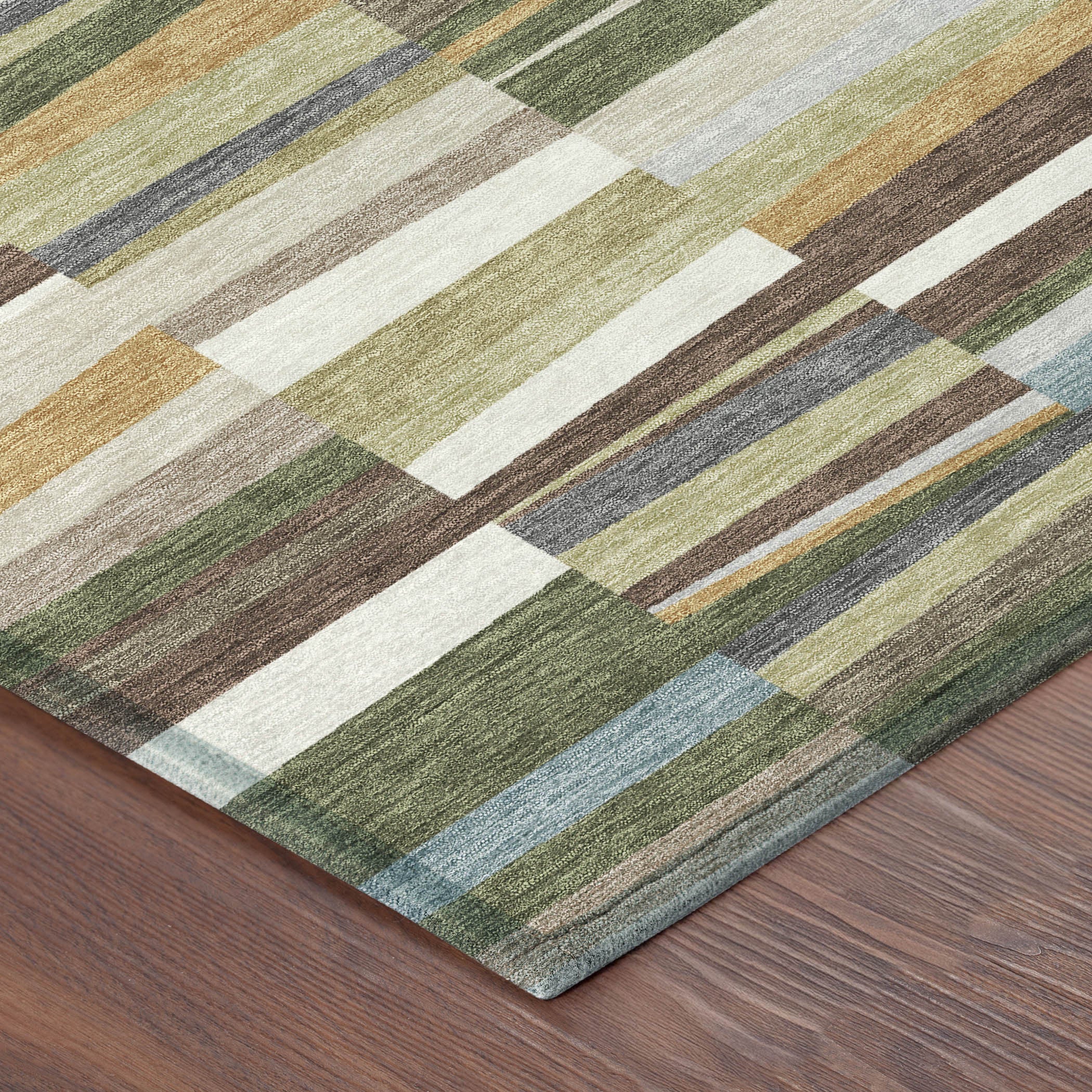 Washable indoor outdoor area rug with olive green striped block pattern