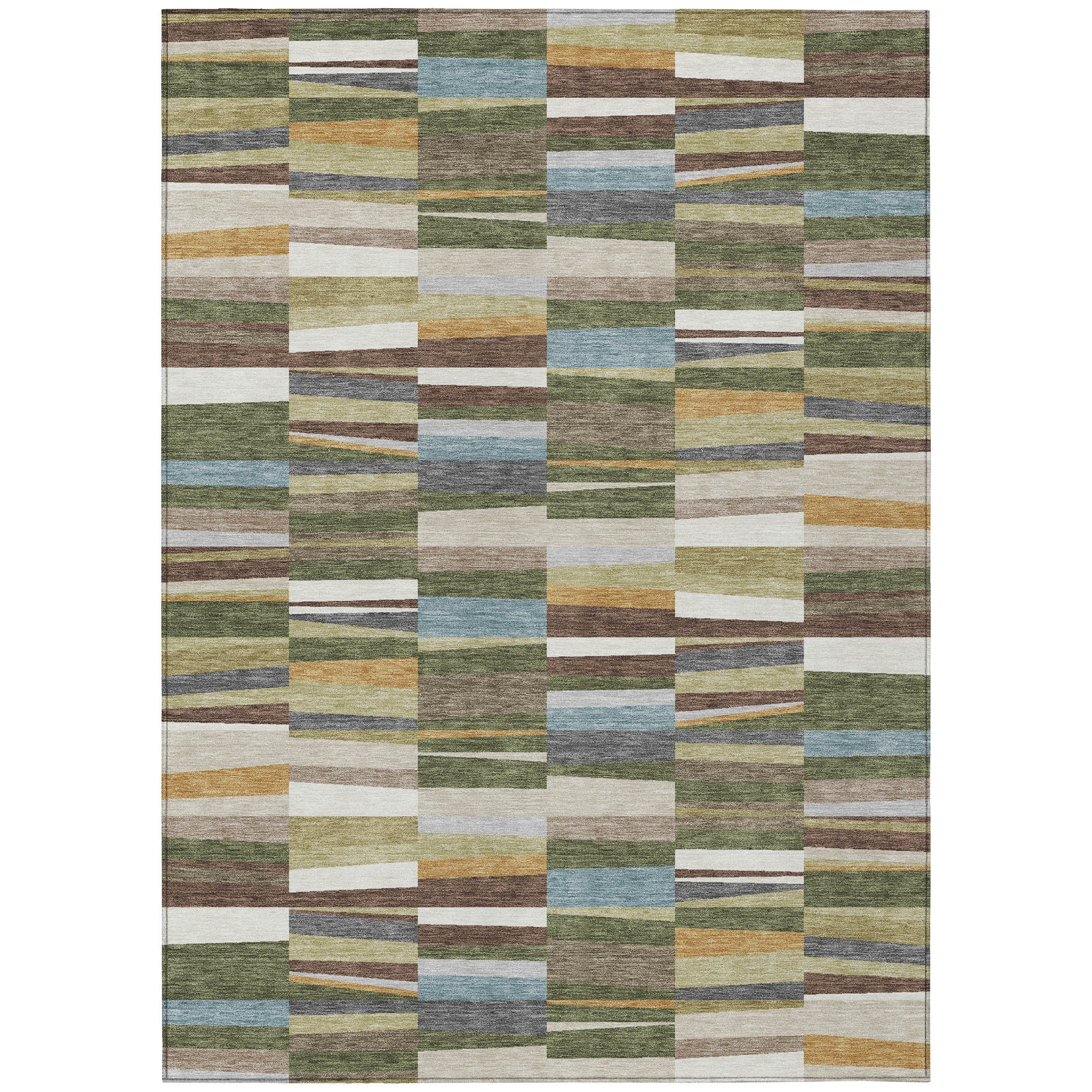 Washable indoor outdoor area rug, full view with patchwork blocks in green and tan