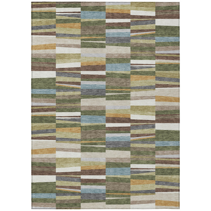 Washable indoor outdoor area rug, full view with patchwork blocks in green and tan