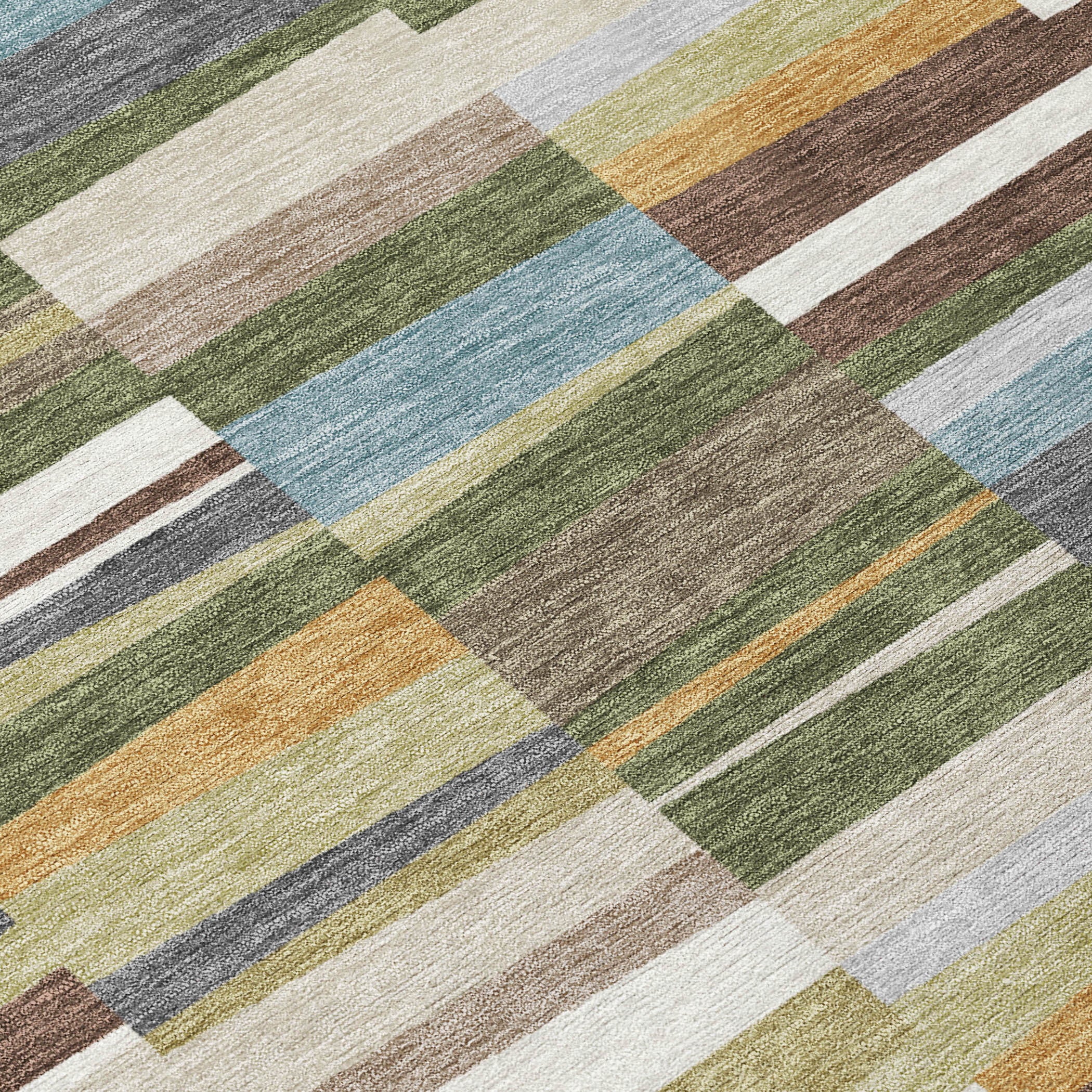 Washable indoor outdoor area rug close-up with olive green and cream striped motif