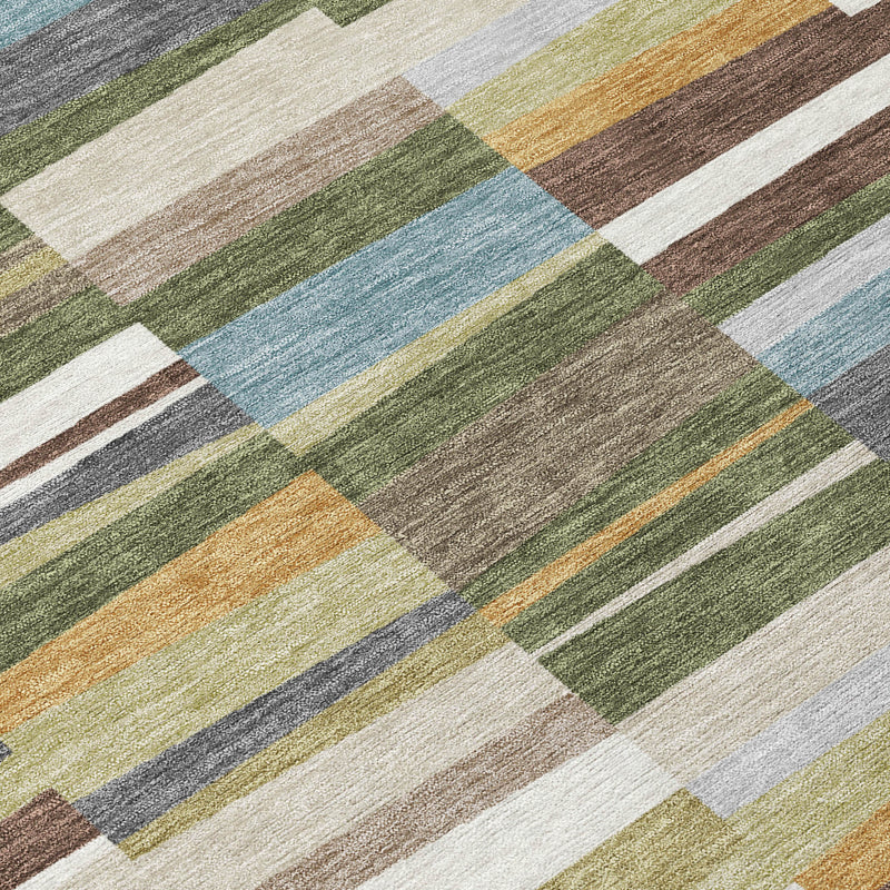 Washable indoor outdoor area rug close-up with olive green and cream striped motif