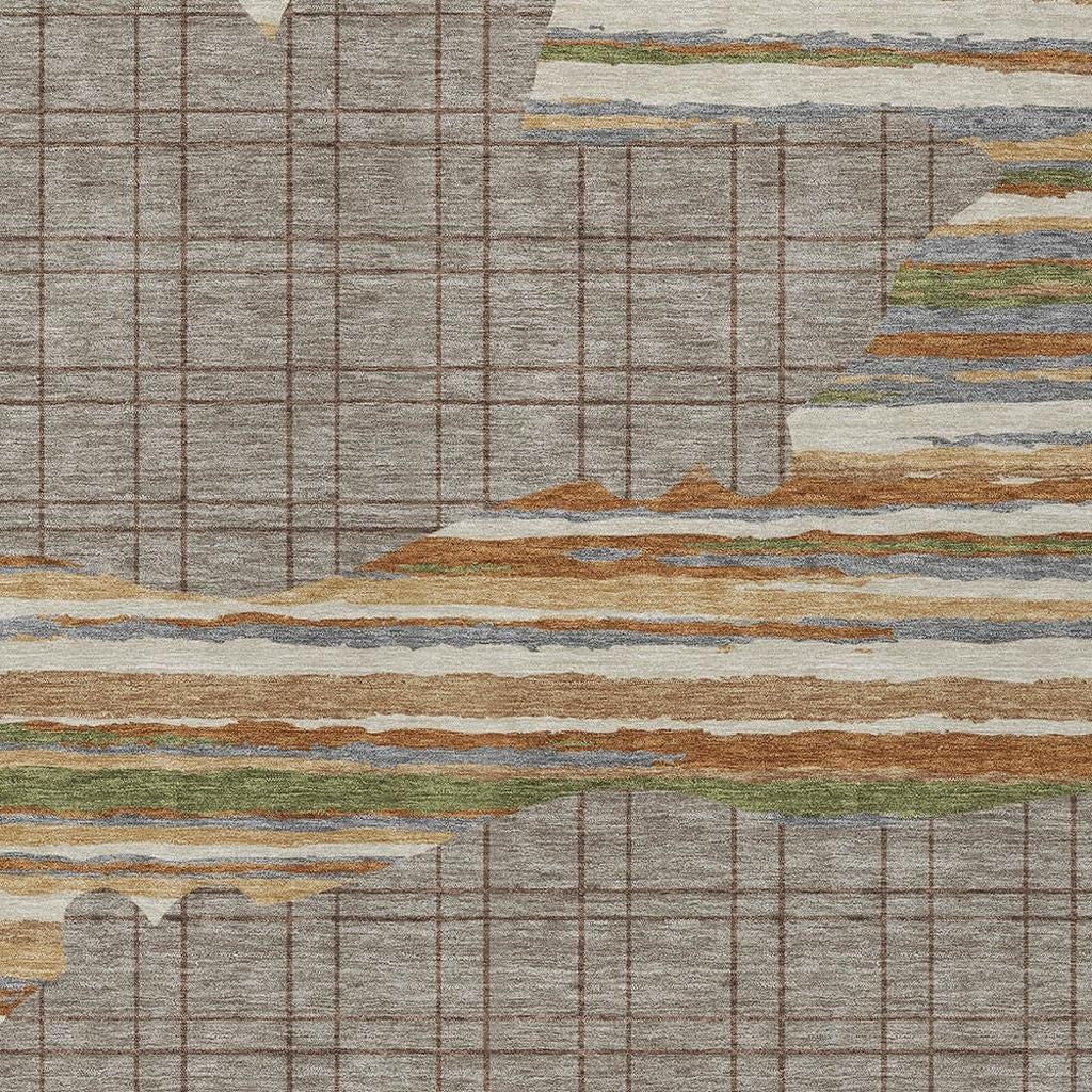 Taupe and ivory abstract area rug with grid lines and horizontal stripe accents