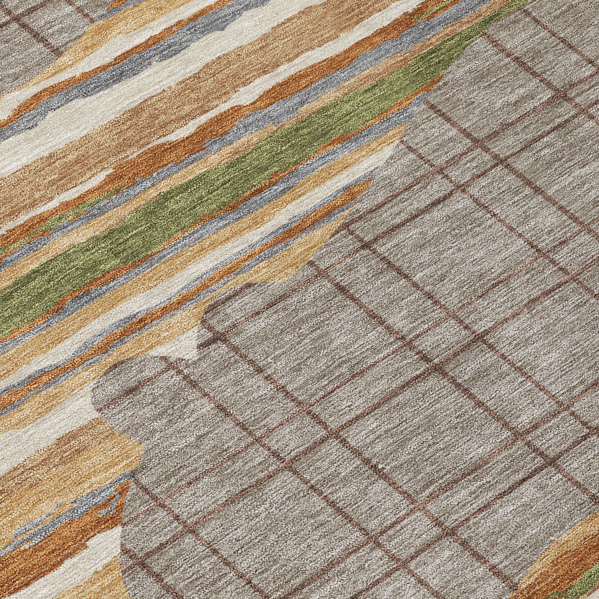 Taupe and ivory abstract area rug close-up: grid texture with multicolor stripe bands
