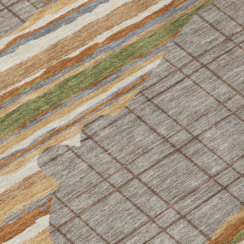 Taupe and ivory abstract area rug close-up: grid texture with multicolor stripe bands
